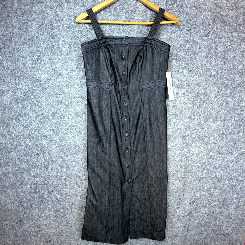 Calvin Klein Mini Tank Dress Womens 4 Grey Back Slit‎ Button Front Office Siren